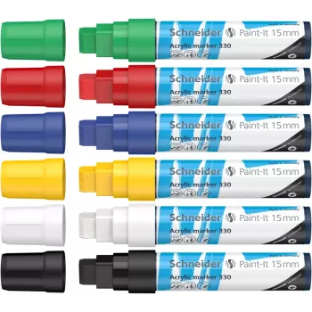 Set de marqueurs acryliques Schneider Paint-It 330 V1, 6 couleurs assorties, pointe biseau 15 mm 120396