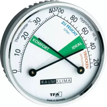 Thermo-hygromètre TFA Dostmann 452024, analogique, blanc/argent, fixation murale ou support de table, -15 à +55 °C, 0-100 % HR
