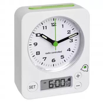 TFA Dostmann Réveil radio-piloté 60.1511.02 blanc avec aiguilles lumineuses