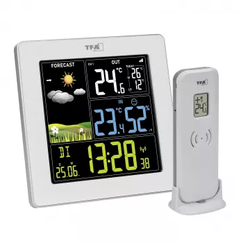 Station météo sans fil TFA SUN 2 avec prévisions 12-24 heures, température et humidité intérieure/extérieure, pression atmosphérique, phase de lune, heures de lever/coucher du soleil, horloge radio-pilotée DCF-77 et 1 capteur extérieur 35.1174.02