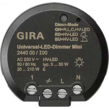 Module variateur LED universel GIRA 244000, encastré, électronique, 230 V AC, 3-100 W LED / 20-200 W halogène, commande par phase, démarrage progressif, fonction mémoire