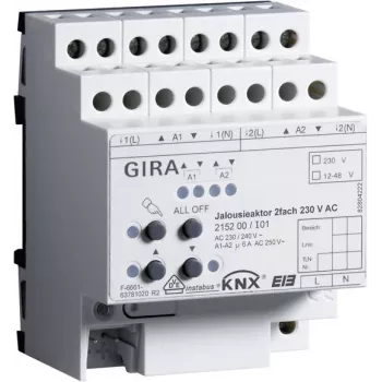 Actionneur de store/volet roulant GIRA 2 canaux, 230 V AC, KNX/EIB, rail DIN, 215200