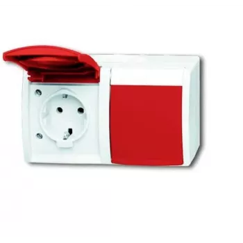 Prise double Busch-Jaeger 20/2 avec couvercle rabattable rouge, horizontale, 2084-0-0713 (2CKA002084A0713)
