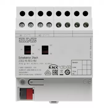Jung KNX actionneur de commutation, 2 canaux, 16 A, 230 V AC, rail DIN, 2 TE 2302.16REGHM