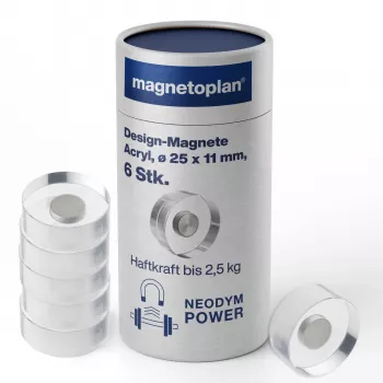 Aimants design MAGNETOPLAN HOLTZ, 25 mm, lot de 6 aimants néodyme avec poignée en acrylique transparent, polis (1680025)