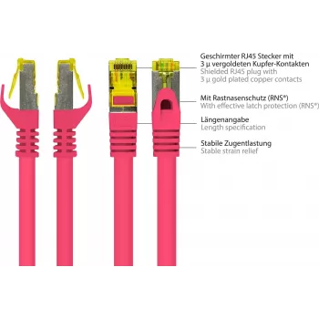 Câble patch GoodConnections 8070R-400M Cat.7 S/FTP RJ45, PiMF, sans halogène, 600 MHz, OFC, protection anti-accroche RNS, 40 m, magenta
