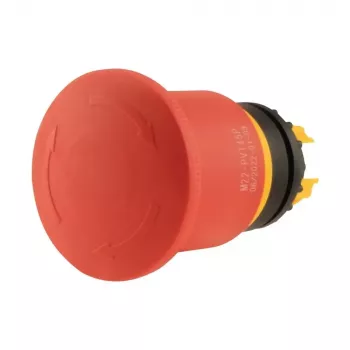Bouton-poussoir d'arrêt d'urgence Eaton M22-PVT45P, tête champignon, 45 mm, bouton rouge, collerette jaune, déverrouillage par traction 121462