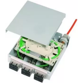 Répartiteur fibre optique pour rail DIN Telegärtner STX, 6x ST duplex multimode, 12x pigtails G50/125 OM2, cassette d'épissure (H82050F0001)