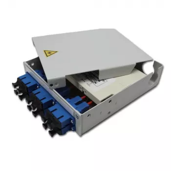 Répartiteur fibre optique sur rail DIN STX Telegärtner, 6x SC duplex monomode, cassette d'épissure 12 fibres, pigtails, prêt à épisser H82050E0002