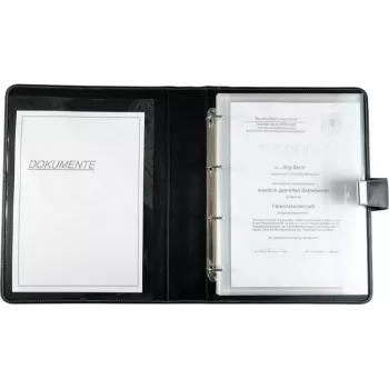 Chemise à documents A4 JÜSCHA Alassio avec mécanisme à anneaux, similicuir, noir, 5 pochettes à documents 31514