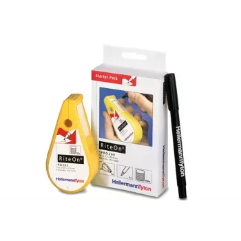 Kit de démarrage HellermannTyton RiteOn avec distributeurs préremplis, 600 étiquettes auto-laminantes, blanc, 19 x 38 mm, avec marqueur rouge 550-14010