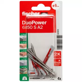 Cheville universelle Fischer DuoPower 6 x 50 S A2 K NV avec vis A2, 1 ensemble (537670)
