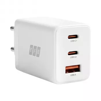 Chargeur mural GaN EFB Elektronik 65W 2x USB-C + USB-A PD3.0 QC3.0 blanc G651A2CE