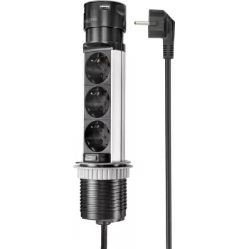 Tour multiprise SYGONIX SY-4997104, 6 prises Schuko, 2 ports USB-A, câble 1,5 m, noire/argent