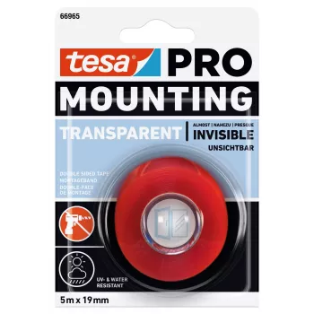 Ruban de montage double face en mousse acrylique tesa Mounting PRO Transparent 66965-00001-00, 5 m x 19 mm, supporte jusqu'à 10 kg/m, résistant aux UV et à l'humidité, pour intérieur et extérieur