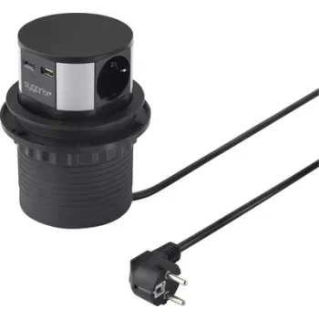 Multiprise tour 3 ports Sygonix SY-6887466, noir/argent, câble 1,5 m, 3 prises Schuko, 3680 W, interrupteur lumineux