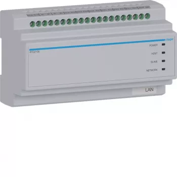 Commutateur système 2 fils Hager RTD210X, 6 voies, pour interphone IP Hager, rail DIN, 4 modules, gris clair