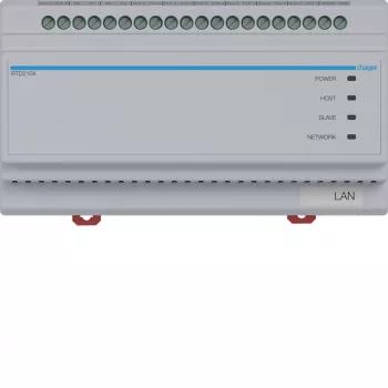 Commutateur système 2 fils Hager RTD210X, 6 voies, pour interphone IP Hager, rail DIN, 4 modules, gris clair