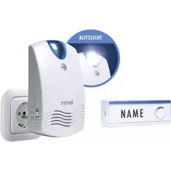 m-e modern-electronics FG1.2 ensemble de sonnette sans fil avec plaque de nom et flash, blanc