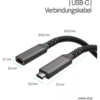 Câble de rallonge USB-C S CONN Flexline, USB-C mâle vers USB-C femelle, USB 3.2 Gen 2, 100 W PD, 4K@60Hz, gaine textile, 1,5 m, noir FL31-74006