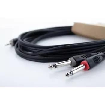 Câble adaptateur audio en Y Cordial 14864, jack stéréo 3,5 mm vers 2x jack mono 6,3 mm, 0,3 m, câble double PVC, noir