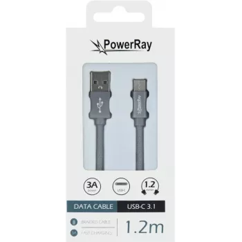 Câble de données PowerRay PR-DCUC120TGY USB-A vers USB-C 1,2 m textile gris tressé charge rapide et synchronisation de données 5 Gbit/s