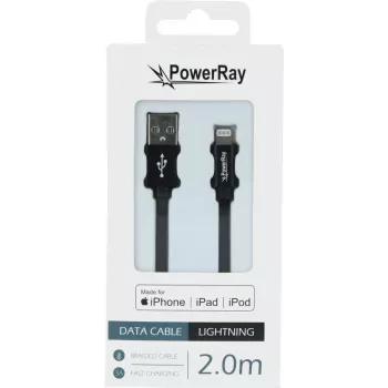 Câble tressé PowerRay PR-DCUL200TBK certifié MFi USB-A vers Lightning, 2 m, noir
