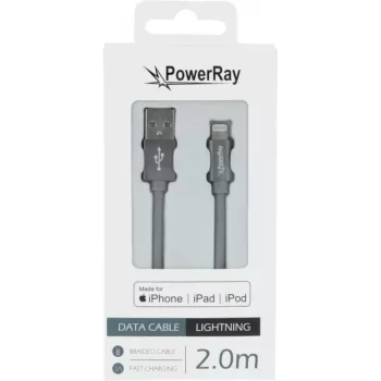 Câble tressé PowerRay PR-DCUL200TGY certifié MFi USB-A vers Lightning 2 m textile gris