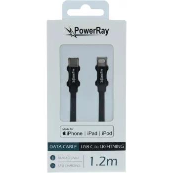 Câble de données et de charge tressé MFi PowerRay USB-C vers Lightning 1,2 m noir PR-DCCL120TBK