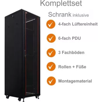 Ensemble complet de baie serveur 19 pouces IT-BUDGET SRK 42U 600x600 mm porte vitrée/acier, 4 ventilateurs actifs, PDU, étagères, flatpack, noir 90ITB19SRK4266GS