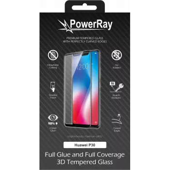 Protection d'écran en verre trempé 3D Full Glue PowerRay Ultra Durable pour Huawei P30, noire, blister PR-3DFGHUAP30BL