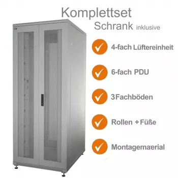Ensemble complet de baie serveur 19 pouces IT-BUDGET SRK - 42U - LxP 800x1000 mm - doubles portes perforées avant + arrière - 4 ventilateurs actifs - PDU - étagères - montée - gris clair 99ITB19SRK42810DTGM