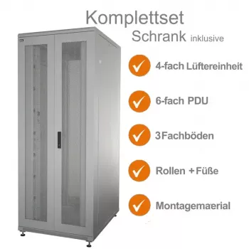 Ensemble complet de baie serveur 19 pouces IT-BUDGET SRK - 42U - LxP 800x1000 mm - doubles portes perforées avant + arrière - 4 ventilateurs actifs - PDU - étagères - montée - gris clair 99ITB19SRK42810DTGM