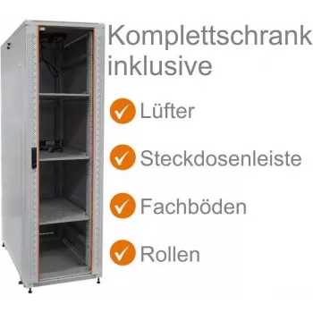 Ensemble complet de baie réseau 19 pouces IT-BUDGET SRK 38U 600x800 mm porte vitrée/acier 4 ventilateurs actifs PDU étagères flatpack gris clair 90ITB19SRK3868GG