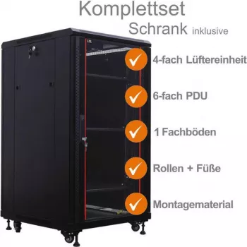 Ensemble complet armoire réseau 19 pouces IT-BUDGET SRK - 18U, 600x800 mm, porte avant en verre, porte arrière en acier, 4 ventilateurs actifs, PDU, étagères, préassemblée, noir 99ITB19SRK1868GSM