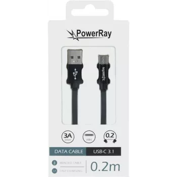 Câble de données et de charge USB-A vers USB-C PowerRay PR-DCUC020TBK, 0,2 m, textile noir, blister