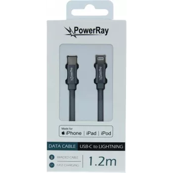 Câble tressé USB-C vers Lightning certifié MFi PowerRay 1,2 m gris PR-DCCL120TGY