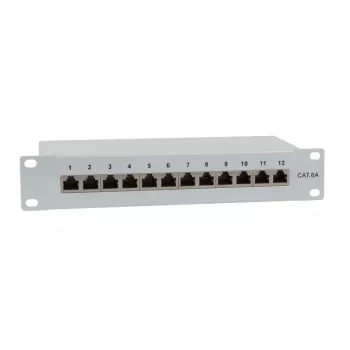 Panneau de brassage 10 pouces IT-BUDGET - blindé - Cat.6A - 500 MHz - 12 ports RJ45 - compatible PoE+ - 1U - gris (90ITB10PP6AG)