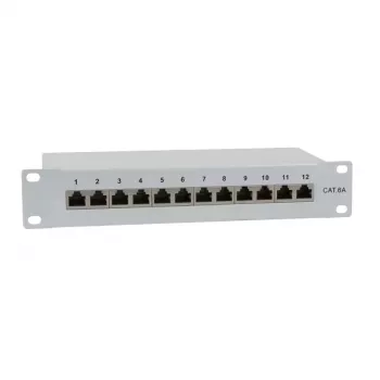Panneau de brassage 10 pouces IT-BUDGET - blindé - Cat.6A - 500 MHz - 12 ports RJ45 - compatible PoE+ - 1U - gris (90ITB10PP6AG)