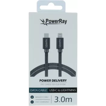 PowerRay Câble tressé USB-C vers Lightning 3 m textile gris PR-DCCL300TGY