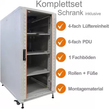 IT-BUDGET 19 inch Network Cabinet SRK Complete Set - 18U - 600x1000 mm - Glass/Solid Steel Door - 4 Active Fans - PDU - Shelves - Assembled - Light Grey 99ITB19SRK18610GGM