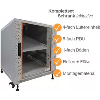 Ensemble complet de baie serveur 19 pouces IT-BUDGET SRK - 12U - 600x1000 mm - porte vitrée/acier - 4 ventilateurs actifs - PDU - étagères - assemblé - gris clair 99ITB19SRK12610GGM