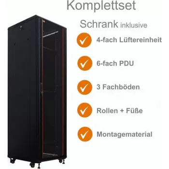 Ensemble complet armoire réseau 19 pouces SRK IT-BUDGET 38U 600x800mm porte vitrée/pleine 4 ventilateurs actifs PDU étagères flatpack noir 90ITB19SRK3868GS