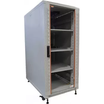 Ensemble complet baie réseau 19 pouces IT-BUDGET SRK 22U 600x600 mm porte vitrée/pleine 4 ventilateurs PDU étagères Flatpack gris clair 90ITB19SRK2266GG