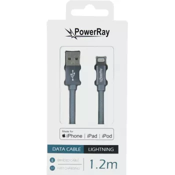 Câble MFi tressé USB vers Lightning PowerRay 1,2 m textile gris PR-DCUL120TGY