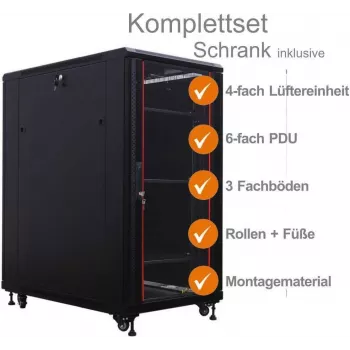Ensemble complet baie réseau 19 pouces IT-BUDGET SRK 27U 600x600 mm porte vitrée/pleine 4 ventilateurs PDU étagères Flatpack noir 90ITB19SRK2766GS