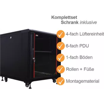 Ensemble complet d'armoire serveur 19 pouces IT-BUDGET SRK 12U 600x1000 mm porte en verre/acier 4 ventilateurs actifs PDU étagères prémonté noir 99ITB19SRK12610GSM
