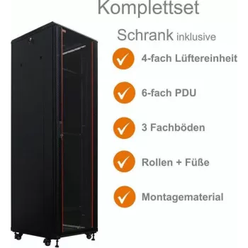 IT-BUDGET Armoire réseau 19 pouces SRK ensemble complet - 38U - 600x600 mm - porte vitrée/pleine - 4 ventilateurs actifs - PDU - étagères - flatpack - noire (90ITB19SRK3866GS)