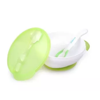 Bol à ventouse avec couvercle et cuillère thermique Kidsme, vert citron, 9 mois et plus