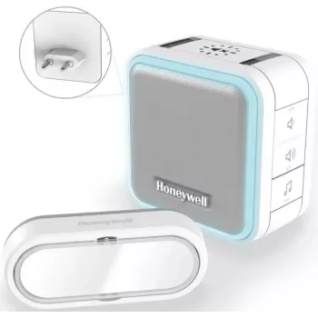 Sonnette sans fil Honeywell DC515SP2L avec carillon à brancher et bouton-poussoir, portée 150 m, 6 mélodies, blanche